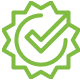 A green icon of a badge with a checkmark in the middle.