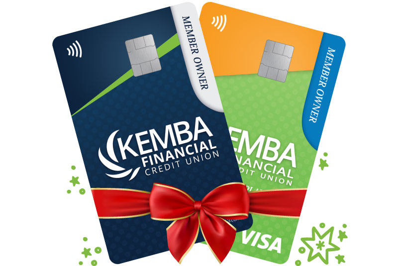 KEMBA Visa Credit Cards wrapped in winter holiday ribbons and stars