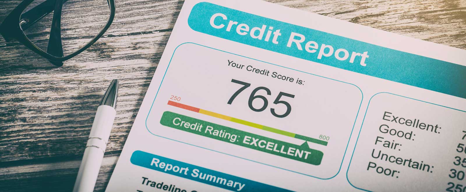 A credit report with a credit score of 765.
