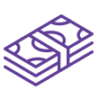 A purple icon of a stack of cash.