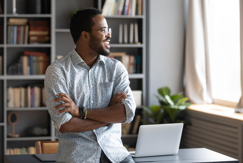 happy man at home office