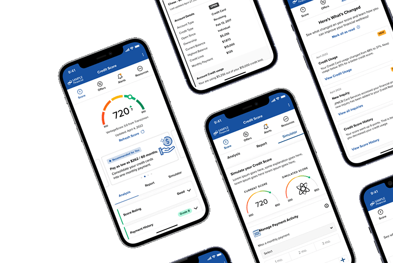 Group of mobile phones with screenshots of Credit Score & Report