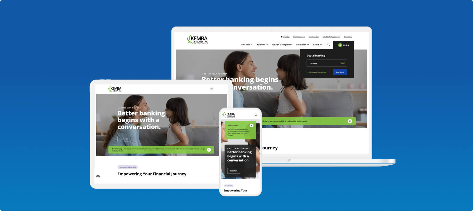Screens displaying KEMBA Financial's new website design on multiple devices, emphasizing modern and user-friendly digital banking.