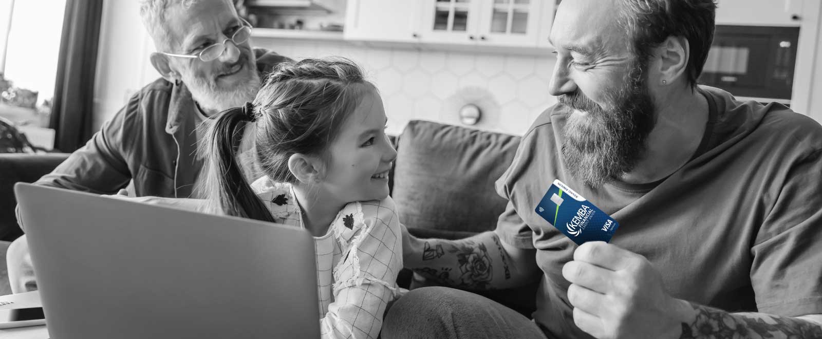 Joyful family shops online using the KEMBA Signature Credit Card, earning cash back points