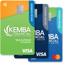 An image of three KEMBA FCU credit cards.