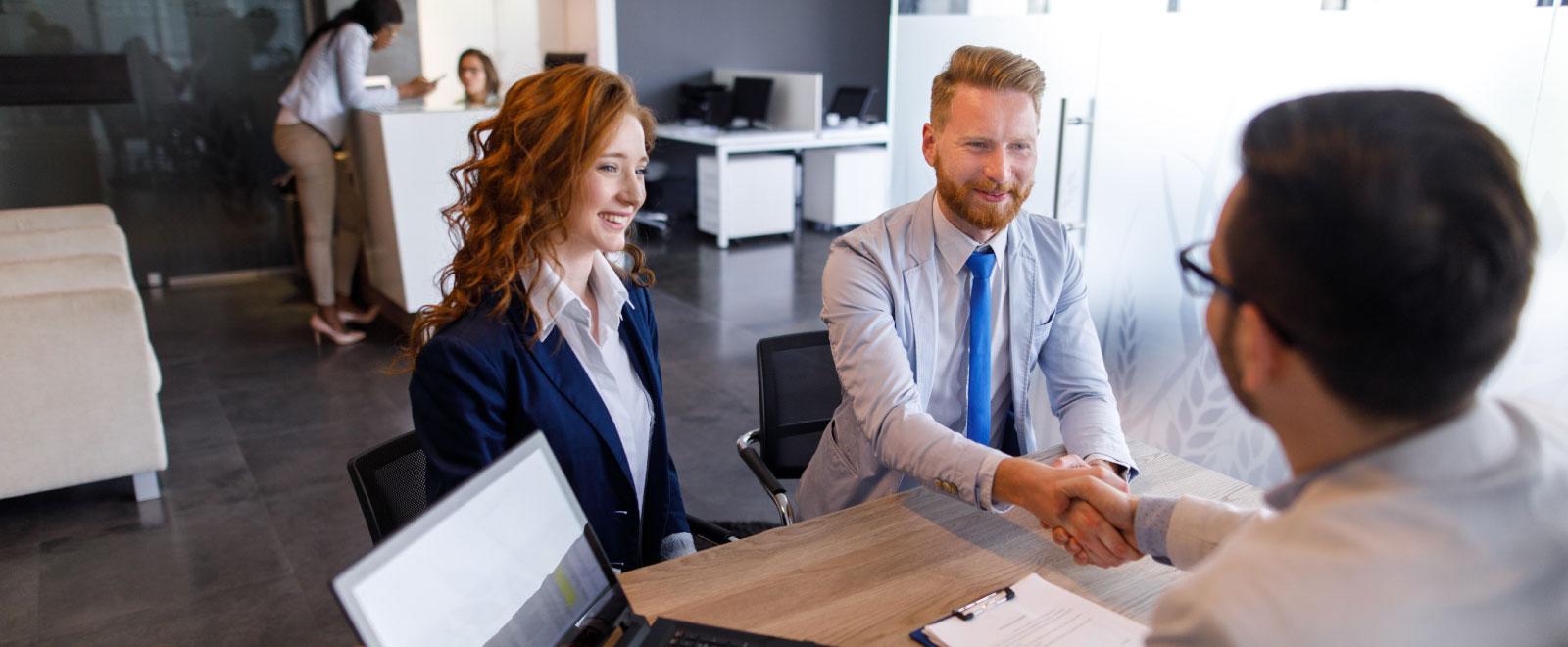 business partners shaking hand with business expert